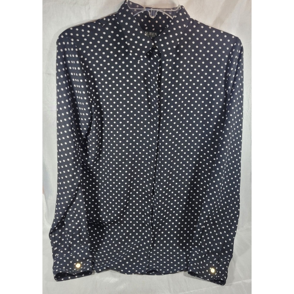 Ralph Lauren Women's Long Sleeve Hidden Button Front Black Polka Dot Blouse - M